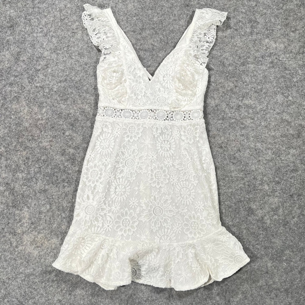 Hello Molly Dress Womens 2 White Lace Boho Ruffle Mini Bridal Cocktail Party